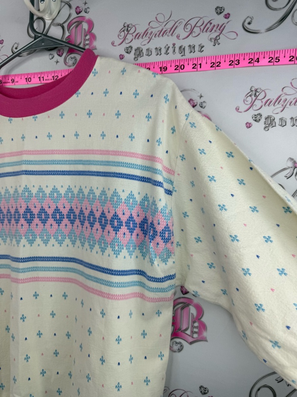 Avon fashions vintage shirt Women's Cream Fair Isle Sweater with Pink Trim - Picture 4 of 8